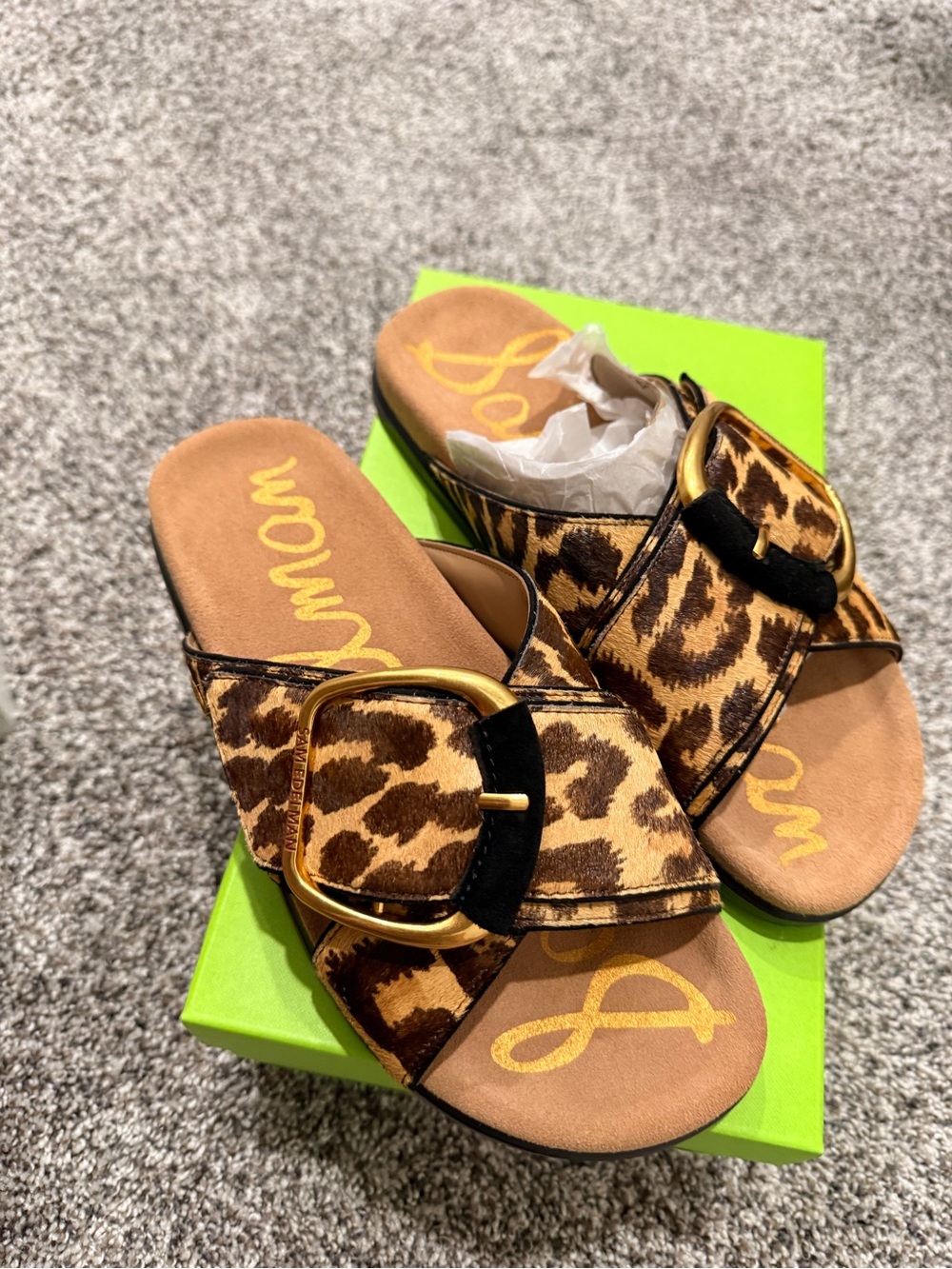 NWT SAM EDELMAN 9.5 Leopard Print Slide Sandals with Gold Buckle - Women